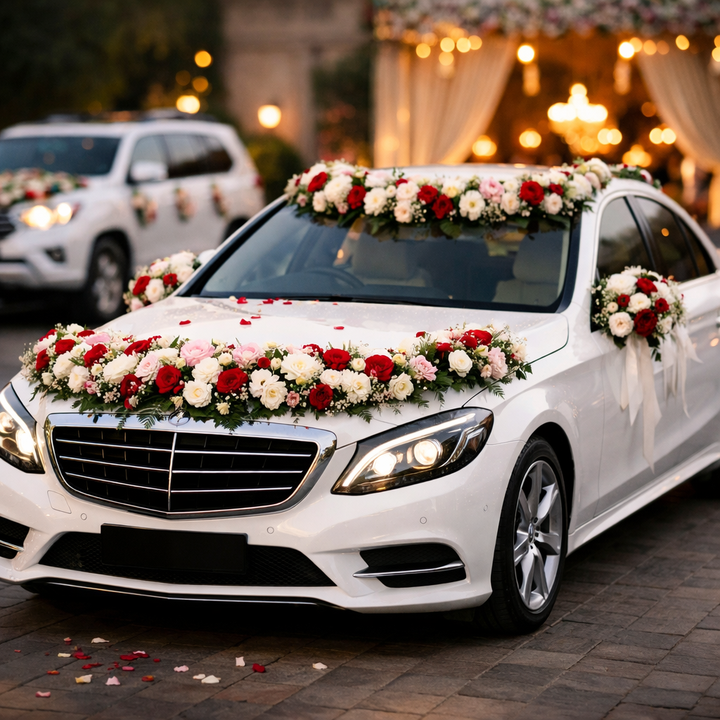 Decorated white luxury wedding car with floral arrangement parked at a wedding venue in Lahore